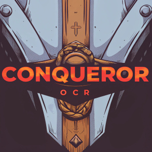 A powerful logo design featuring the Conqueror OCR brand name. Bold red color with a striking emblem in the center. White background