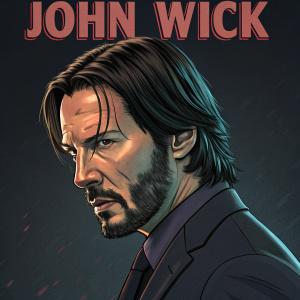 Digital illustration featuring John Wick's face. Intense expression. Dark background. Bold text 'John Wick' in graphic font at the top.