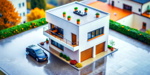 isometric view from 45deg. tiltshift. Miniature narrow, Polish futuristic house, with four floors and balconies, garage near the building, miniature car parked outside the garage, on the ground, not on the roof. A lot of detail on the balcony: flower pots, laundry. Large gold coin leaning against the wall of miniature. 