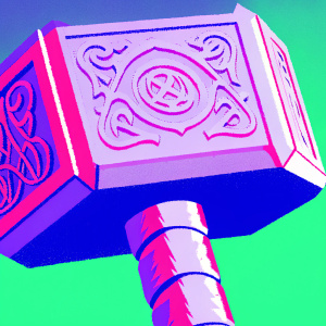 3D model of Mjölnir, Thor's hammer. It's dark gray, highly detailed, and ornate with Norse symbols. Teal background