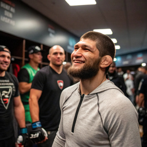 Khabib Nurmagomedov, bearded MMA fighter, stands in a busy locker room post-fight. Cheerful expression, casual attire. Teammates in background