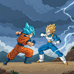 Digital artwork of Vegito, the fusion of Goku and Vegeta, rendered in vibrant pixel art style. Battle scene