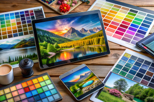 showing reference images or tool palettes, emphasizing the multitasking nature of digital art.