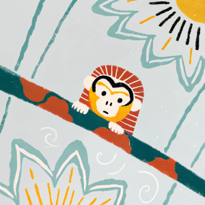 Stylized poster of Wukong, the Monkey King, featuring vibrant red, white, and blue colors. Intricate patterns and shapes dominate the design, with the character's expressive face at the center.