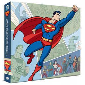 DVD cover art for the complete season of Superman animated series. A vibrant, action-packed illustration featuring iconic comic book style and bold colors, highlighting the dynamic poses and stylized cartoonish aesthetic.