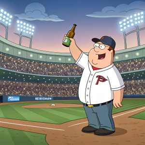 Illustration of Peter Griffin, from Family Guy, on baseball field. Holding a beer bottle, waving enthusiastically. Stadium filled with cheering fans