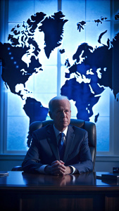 Joe Biden (presidente de estados unidos) sentado en una mesa con el mapa mundial de color azul y una luz azul detras, despacho oscuro