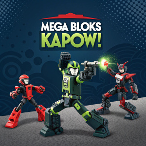 Promotional banner for Mega Bloks' 'Kapow!' collection. Dynamic robot figures in action poses. Dark navy blue background. Bright green, red, and black accents for modern, engaging visuals.