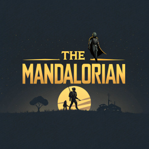 Stylized vector art logo for 'The Mandalorian'. Dark background, vibrant yellow text, minimalist design, centered on image.