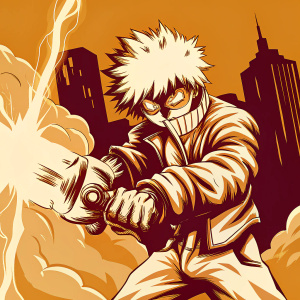 Katsuki Bakugou from My Hero Academia standing in a fighting pose. Holding his unique quirk object, energetic and dynamic. Dark, gritty cityscape background