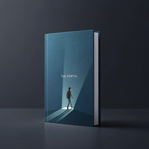 Digital artwork for the book 'The Portal'. Features a sleek, blue book with dramatic shadow effects. Dark grey background.