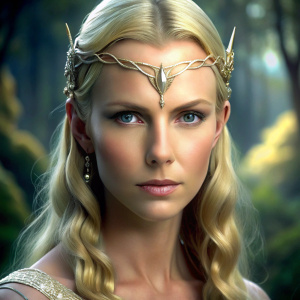 Charlize Theron como Galadriel de El Señor de los Anillos, como el ser más bello del mundo y una nariz perfecta, vista desde cierta distancia