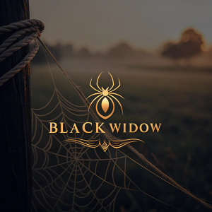 Elegant logo for Black Widow. Intricate spider symbol, minimalist design, black and gold color scheme, dark background