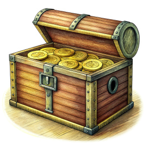 Chest of  wooden coins, China