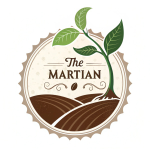 The Martian logo design featuring a green leaf sprouting from a brown circular emblem. Classic serif font in earthy tones.