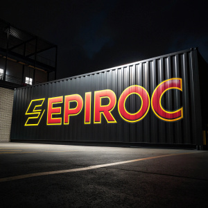 Epiroc logo, bold and modern. Set against a sleek, black backdrop, with the word 'Epiroc' in large, vibrant letters.