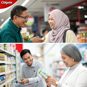 Serangkaian iklan pasta gigi Colgate untuk pasar Indonesia. Tampilkan orang-orang menggunakan produk tersebut dalam lingkungan toko. Logo Colgate ditampilkan secara menonjol dalam bentuk kolase.