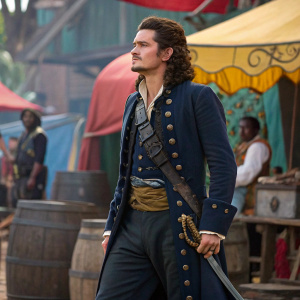 Orlando Bloom as Will Turner from Pirates of the Caribbean, dressed in a navy outfit with a sword at his side. On a vibrant set filled with props and actors.