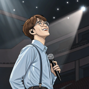 Digital illustration of Baekhyun from EXO, with playful smile, brown hair, glasses, wearing a light blue shirt, standing confidently on a stage