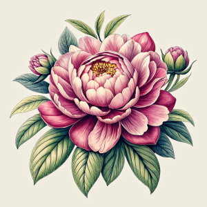 Vintage illustration style peony on white background.