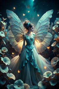 A beautiful photography {scarlet flower}, wearing beautiful robes made from luna moth wings and silver leaves, surrounded by moonflowers at night in the style of film set and in the style of clean shapes. Fantasy, dreamlike, surrealism, vibrant colors, cinematic lighting, cinematic composition, dramatic scene, 50mm, f2.8 