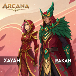 Artwork showcasing Xayah and Rakan from the Arcana series. Vibrant colors of red, gold, and green dominate the scene. The League of Legends logo is subtly integrated into the background.