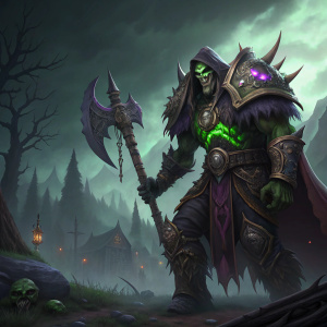 Digital art featuring Gul'dan from Warcraft, dark fantasy setting, detailed with vivid colors and intricate weapon designs.