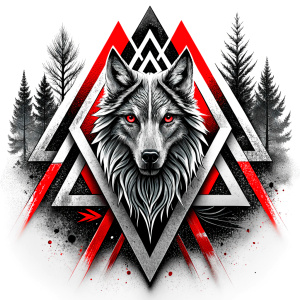 valknut runes pattern geometric symbols - wolf and trees - tattoo design - perfect realistic art - high-definition - grey and black - white background 