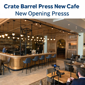 Crate Barrel announces the opening of a new cafe, featuring a rustic wooden bar and cozy chairs. Press conference image