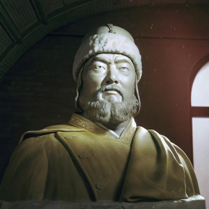 3D rendered bust of Genghis Khan. Detailed facial features, full beard, furry hat. Gray scale tones, realistic textures and contours, set against a dark backdrop.