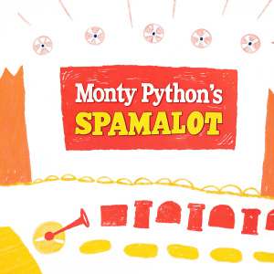 Promotional image for Monty Python's Spamalot. Film posters and musical merchandise in background. Monty Python logo prominently featured.