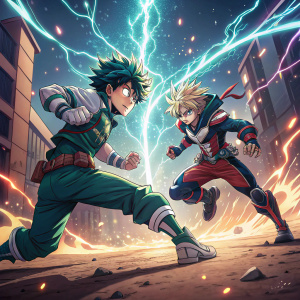 A digital illustration showcasing a scene from My Hero Academia. Characters in action poses. Electric background