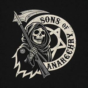 Illustration of Sons of Anarchy logo. Dark and gritty aesthetic. Emblem features skull, design elements characteristic of the show's theme. Background is solid black, contrasting the intricate details of the logo.