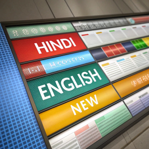 Multilingual news ticker, mixing Hindi and English. Breaking news alerts, colorful grid layout.