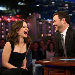 Emilia Clarke laughing with Jimmy Kimmel during a TV show interview. Studio audience visible in background