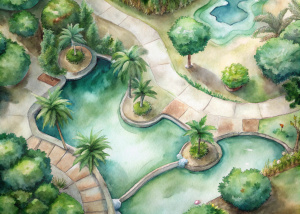 Vista aérea de jardín tropical. En el jardín hay senderos que se bifurcan y llegan a estanques. Hay decks y algunas carpas. 