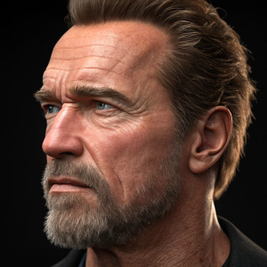 High-definition render of Arnold Schwarzenegger's face. Detailed close-up, mature appearance, rugged facial features, strong jawline, and beard. Realistic lighting and skin texture.