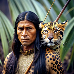 Draw a photo realist of an indigenous warrior with long black hair, armed with a spear being attacked by a jaguar, the Indian wears typical clothing from the 18th century in Brazil