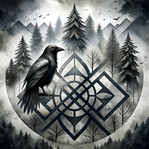 Yggdrasil vegvisir runes  geometric Symbols - raven and trees - perfect realistic art, high-definition, high-definition grey and black, white background 