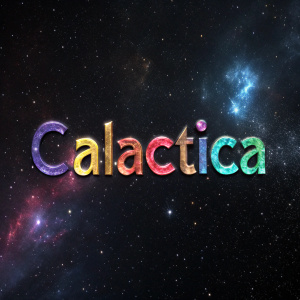 Digital artwork of the term 'Calactica' rendered in vibrant, swirling cosmic characters. Set against a vast backdrop of dark space speckled with tiny, twinkling stars, the image exudes a futuristic and expansive feel.