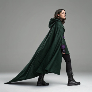 Kate Bishop in a dramatic pose. Wearing a dark green cloak. Standing in a modern, minimalist studio. Neutral gray background.