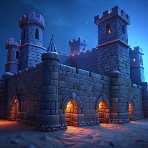 muralla de roca con torretas estilo medieval como si hubiera sido construida en el videojuego minecraft, alta calidad de imagen