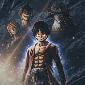 Anime characters from One Piece, including a muscular Luffy with black hair, standing amidst a vibrant and dynamic backdrop. Various characters display unique appearances.