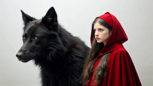 mujer joven con capucha roja acompañada de un lobo negro gigante, alta calidad
