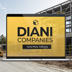Website design for Diani Companies, a construction firm in Santa Maria, California. Sleek layout featuring logos and text. Main color scheme is yellow and black with gray accents. Includes contact info for related businesses.