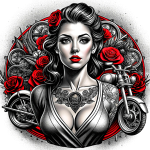 motorcycle club lady tattoo design - perfect realistic art - high-definition - grey and black - white background 