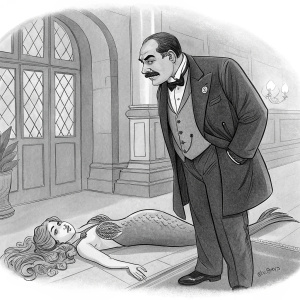 Hercule Poirot, impeccably dressed in a suit and bow tie, stands over a mysterious mermaid-like figure lying on the floor. Detailed and sketch-like illustration, reminiscent of classic comic books, emphasizing the intrigue and storytelling.