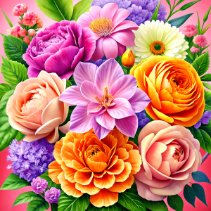 tickle me pink yellow Peonies, lila daffodil, pale orange roses, magenta Damarions, thulian pink Common Crape Myrtle, orange iris, green petunias, dark green dandelion, baby pink geranium, violets, canna, saffron