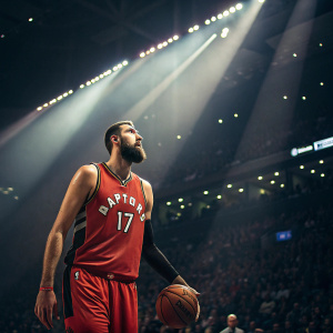 Jonas Valanciunas, wearing a Toronto Raptors jersey number 17, intense pose, holding a basketball. The arena is dimly lit with spotlights, crowd in the background