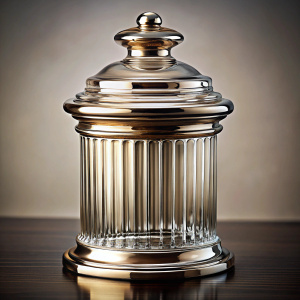 diseña un tarro de cristal elegante con forma de columna dorica. El tapon con forma de capitel dorico